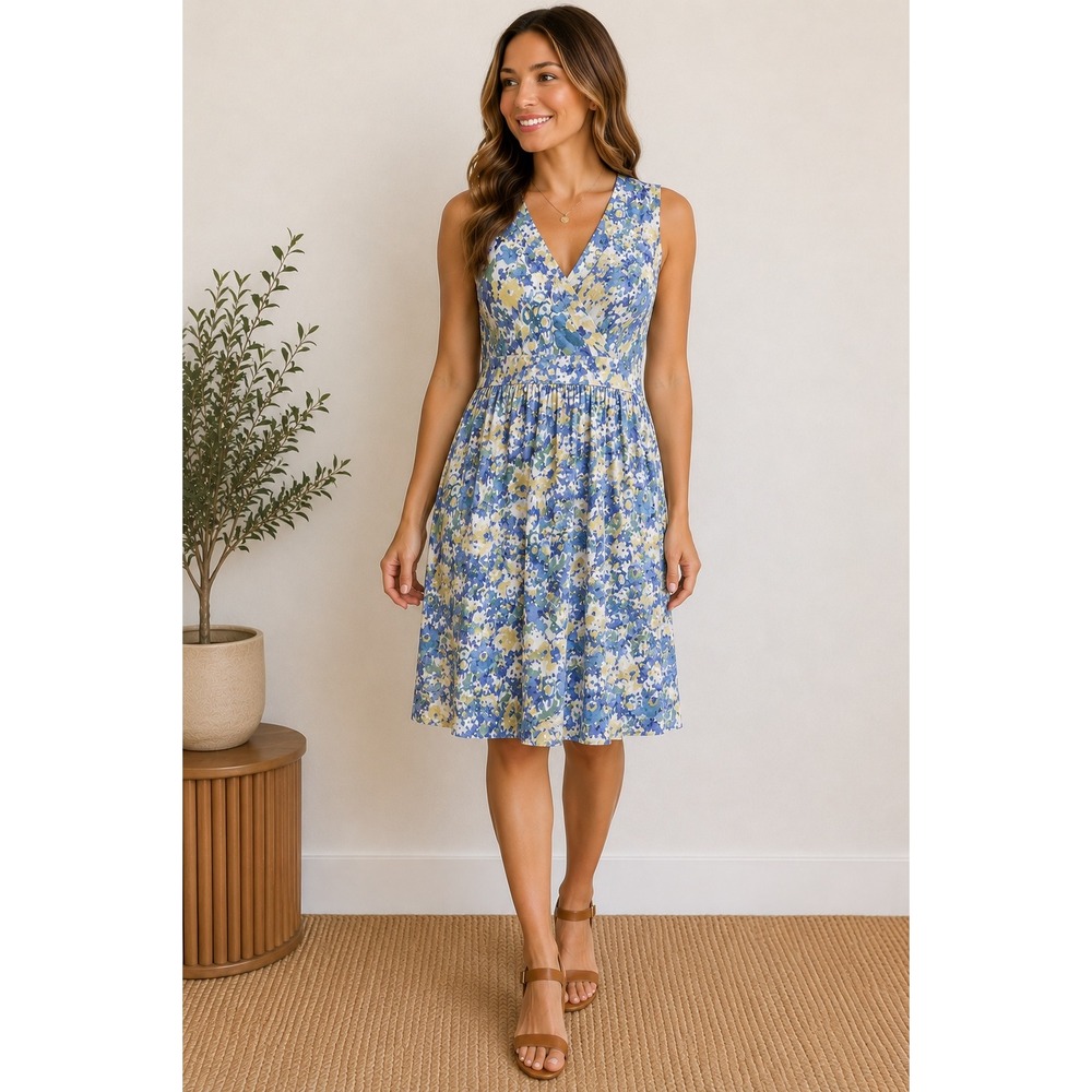 LL Bean Womens Blue Yellow Floral Empire Waist Stretch Sun Dress M Petite 282269